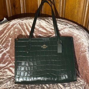 Nina Coach Dark Green Croc-Embossed Tote